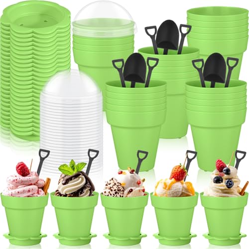 Honeydak 25 Pack Flowerpot Dessert Cup Plastic Cake Cups with Lid Shovel Spoon Mini Flower Pot Dessert Cups Ice Cream Yogurt Cupcake Holder Containers for Birthday Party Supplies DIY Baking (Green) - color: Green