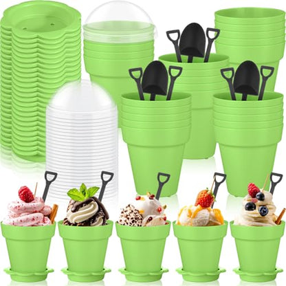 Honeydak 25 Pack Flowerpot Dessert Cup Plastic Cake Cups with Lid Shovel Spoon Mini Flower Pot Dessert Cups Ice Cream Yogurt Cupcake Holder Containers for Birthday Party Supplies DIY Baking (Green) - color: Green