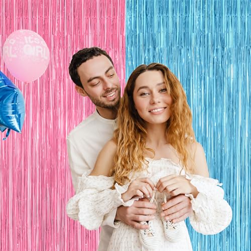 2 Pack Gender Reveal Decorations, 3.28 FT x 7.05 FT Pink and Blue Fringe Backdrop, Metallic Boy or Girl Foil Fringe Curtains Tinsel Backdrop Party Streamers, Birthday Party Decor Photo Booth Props - color: Pink Blue, size: 2 PCS
