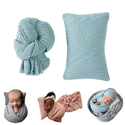 Coberllus Newborn Photography Props Blanket Stretch Knitted Twist Wrap & Posing Pad Prop for Baby Boys Girls Photo Shoot Set (Light Green) - color: Light Green