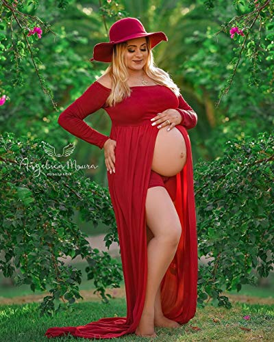 ZIUMUDY Maternity Maxi Chiffon Photography Dress Split Front Gown for Photoshoot - color: Burgundy01