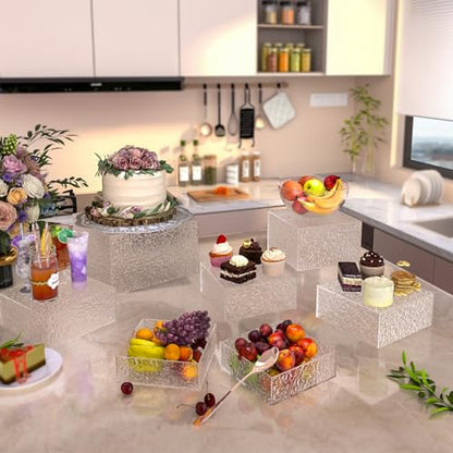 Buffet Risers, Food Display Risers for Party, White Acrylic Risers Display Stand for Buffet Table, Catering Displays for Dessert, Cube Box Nesting Riser with Hollow Bottoms (5"x6"x7"x8"x9"x10" 6PCS Water Ripple) - color: 5"x6"x7"x8"x9"x10" 6PCS Water Ripp