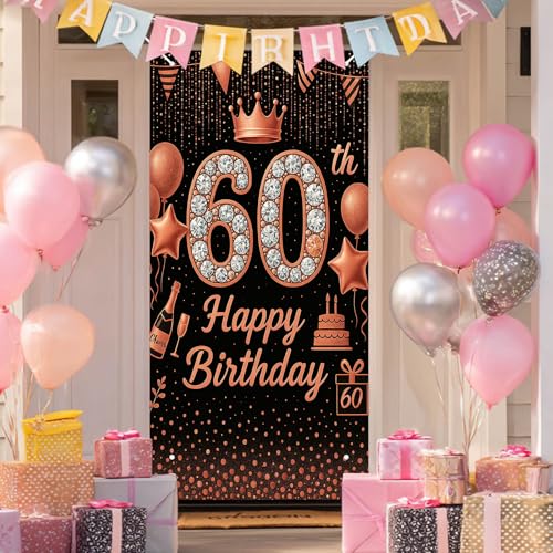 HOMETITUTE 60th Birthday Door Cover 71x35 Inch Happy 60 Birthday Decoration Banner for Women Men Rose Gold Black Glitter Party Backdrop for Party Supplies Wall Front Porch Decor - color: Black and Orange Dots 60