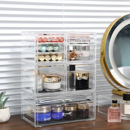Cq acrylic Clear Stackable Storage Drawers,Plastic Makeup Organizer and Bathroom Storage Bins WIth 9 Drawers For Make up,Medicine,Craft,Pen,Beauty and Office Supply Organizer - size: Large 9 Drawers