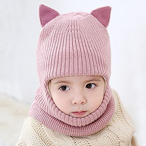 Kids Winter Plus Velvet Thickened face Protection Scarf Cute Beanie Cap Skull Caps Winter Soft Warm Knit Caps - color: Hat3-pink