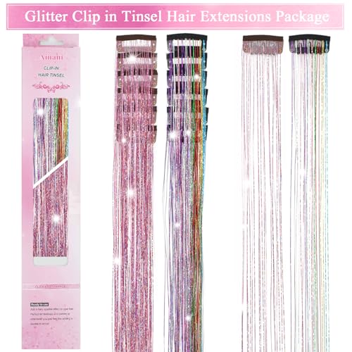 Hair Tinsel Clip in 12 Pcs Glitter Tinsel Hair Extensions 20 Inch Fairy Hair Clip in Hair Tinsel Heat Resistant Sparkly Hair Accessories for Girls Women Kids (Pink 6Pcs &Colorful 6Pcs) - color: Pink 6Pcs + Colorful 6Pcs