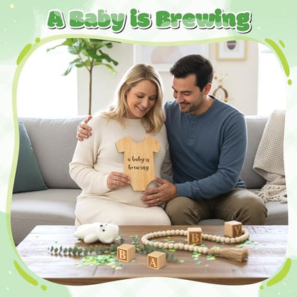 12Pcs Pregnancy Announcement Set Pregnancy Reveal Ideas Include Wooden Sign Beads Garland Wood Blocks Eucalyptus Leaves and Bear Coming Soon Baby Announcement Props for Grandparents Dad Husband Family - color: Green