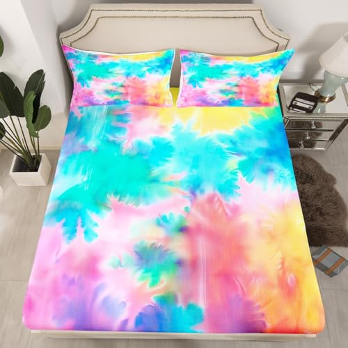 Tie Dye Bed Sheets Boho Psychedelic Sheet Set Colorful Rainbow Bedding Sheets & Pillowcases Sets Trippy Bohemian Gypsy Fitted Sheet for Kids Girl Women Watercolor Batik Flat Full,2 Pillow Cases - color: Multi 06, size: Full