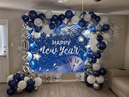 Blue Happy New Year Backdrop 2026 New Year Eve Party Photography Background Fireworks Navy Blue Silver Glitter Sequin New Years Party Decor Supplies Banner Gift Ideas Favor (9x6FT: 108x72 inch) - size: 9x6FT: 108x72 inch