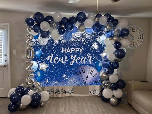 Blue Happy New Year Backdrop 2026 New Year Eve Party Photography Background Fireworks Navy Blue Silver Glitter Sequin New Years Party Decor Supplies Banner Gift Ideas Favor (9x6FT: 108x72 inch) - size: 9x6FT: 108x72 inch