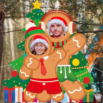 Christmas Gingerbread Man Photo Booth Prop Christmas Tree Photo Door Banner Background Large Fabric Face in Hole Photos Stand-in Gingerbread Backdrop for Indoor Outdoor Xmas Winter Holiday Supplies