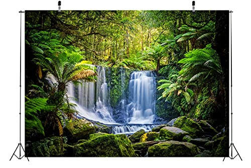 BELECO 10x6.5ft Fabric Jungel Forest Waterfall Photography Backdrop Tropical Rainforest Cascade Green Trees Landscape Background Walking Travel Outdoor Camping Activity Photo Shoot Studio Props - size: 10x6.5FT