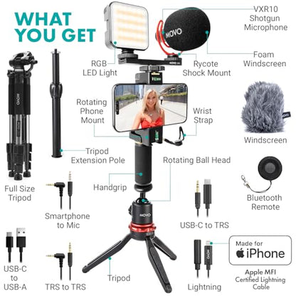 Movo iVlogger-PRO Vlogging Kit with Full Tripod for iPhone/Android - USB-C/Lightning YouTube Starter Kit for Content Creators - Accessories: Phone Tripod, Phone Mount, RGB Light and VXR10 Shotgun Mic