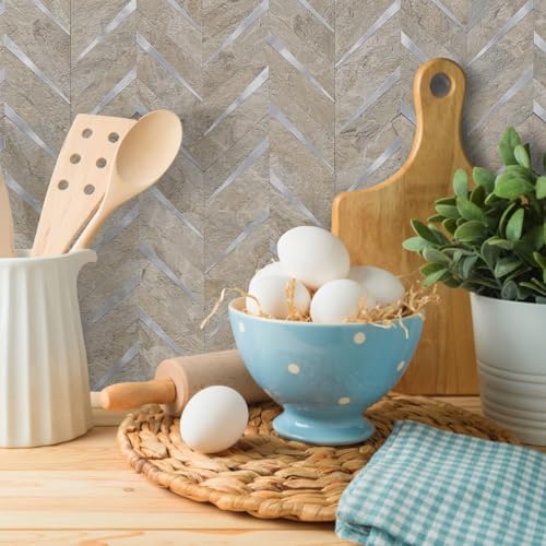 DICOFUN 10-Sheet Sandstone Look Herringbone Peel and Stick Backsplash for Kitchen, PVC Mixed Metal Gold Chevron Stick on Backsplash Wall Tiles - color: Sandstone and Metal Silver, size: 10 Sheets, 12"x12"x0.12"