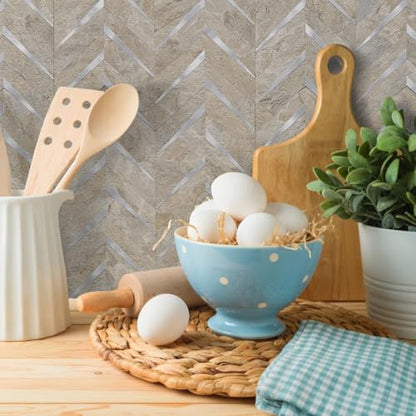 DICOFUN 10-Sheet Sandstone Look Herringbone Peel and Stick Backsplash for Kitchen, PVC Mixed Metal Gold Chevron Stick on Backsplash Wall Tiles - color: Sandstone and Metal Silver, size: 10 Sheets, 12"x12"x0.12"