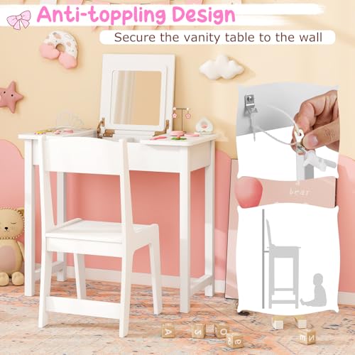 Costzon Kids Vanity, 2 in 1 Girls Vanity Set with Flip Top Mirror, Hidden Storage Space, Wooden Toddler Makeup Vanity Desk Dressing Table, Kids Vanity Table and Chair Set (White) - style: White with Flip Top Mirror