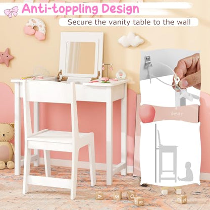 Costzon Kids Vanity, 2 in 1 Girls Vanity Set with Flip Top Mirror, Hidden Storage Space, Wooden Toddler Makeup Vanity Desk Dressing Table, Kids Vanity Table and Chair Set (White) - style: White with Flip Top Mirror