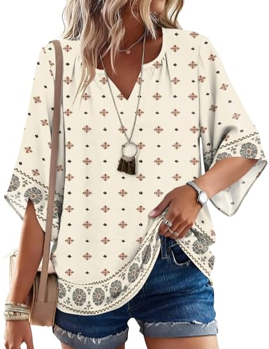 LOMON Women's 3/4 Length Sleeve Boho Tops V Neck Casual Vacation Clothes Loose Fit Tunic Shirts S-3XL - color: Apricot Floral, size: Medium