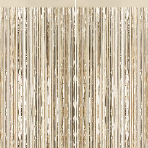2Pack Champagne Gold Foil Fringe Backdrop Curtains, Tinsel Door Streamers, Fringe Backdrop for Graduation New Years Eve, Graduation, Birthday, Wedding, Baby Shower, Gender Reveal, Disco Party Decors - color: Champagne Gold