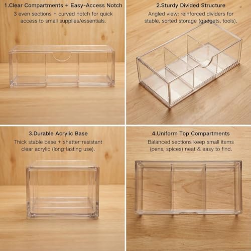 2-Layer Clear Acrylic Vanity Organizer with Adjustable Dividers, Stackable 3-Compartment Storage Box for Makeup, Hair Accessories, Skincare, Bathroom, Desk - 8.07" x 3.94" x 2.76"