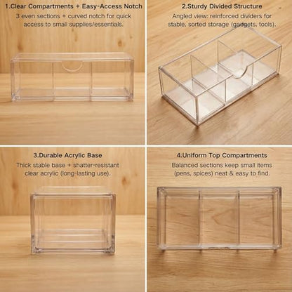 2-Layer Clear Acrylic Vanity Organizer with Adjustable Dividers, Stackable 3-Compartment Storage Box for Makeup, Hair Accessories, Skincare, Bathroom, Desk - 8.07" x 3.94" x 2.76"