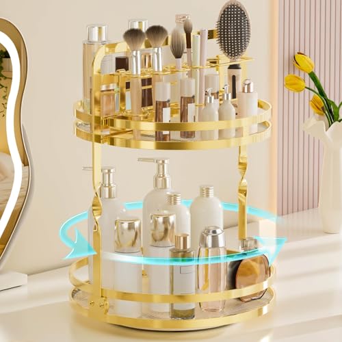 360 Rotating Makeup Organizer Vanity, Gold Perfume Organizer for Dresser, 2 Tier Bathroom Organizer Countertop, Lazy Susan Spinning Perfume Stand for Women, Skincare Storage with Brush Holder - color: Upgraded-Gold