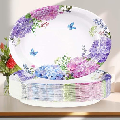 50Pcs Hydrangea Flowers Oval Paper Plates Large 10"x12" Blue Purple Pink Hydrangea Floral Plates Disposable Heavy Duty Flower Plates for Spring Wedding Bridal Baby Shower Decoration Tea Party Supplies - style: 50Pcs Hydrangea Oval Plates