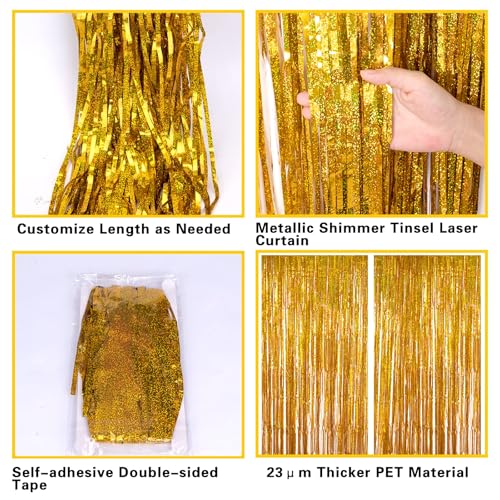 2 Pack 3.2ft x 8.2ft Gold Metallic Foil Curtains, Big Laser Glitter Fringe Rain Curtain Photo Booth Backdrop Tinsel Curtain Streamer for Birthday Wedding Graduations Christmas Event Party Supplies - color: Gold