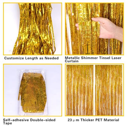 2 Pack 3.2ft x 8.2ft Gold Metallic Foil Curtains, Big Laser Glitter Fringe Rain Curtain Photo Booth Backdrop Tinsel Curtain Streamer for Birthday Wedding Graduations Christmas Event Party Supplies - color: Gold