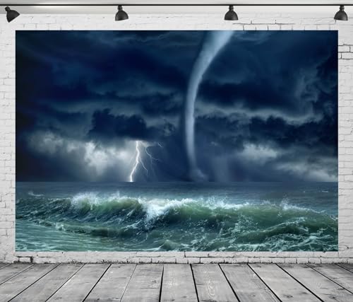 12x10ft Fabric Hurricane in The Ocean Photography Backdrop Lighting Storm and Grey Sky Background Horror Disaster Scenery Decorations Halloween Themed Party Photoshoot Booth Studio Props - size: 12x10FT