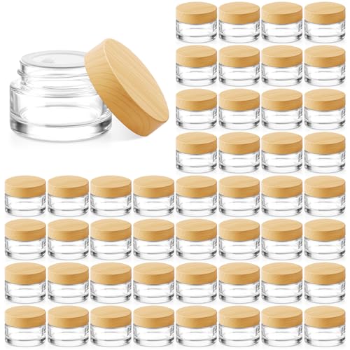 Bumobum 48 Pcs 5 Grams Glass Cosmetic Jars with Plastic Wood-Grain Lids, 5 ml Lip Balm Containers Empty Tiny Sample Jars for Lip Scrub Makeup Eye Cream Travel - color: 5g-48pack