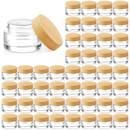 Bumobum 48 Pcs 5 Grams Glass Cosmetic Jars with Plastic Wood-Grain Lids, 5 ml Lip Balm Containers Empty Tiny Sample Jars for Lip Scrub Makeup Eye Cream Travel - color: 5g-48pack