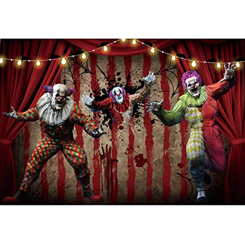 AOFOTO 5x3ft Scary Clown Decorations Backdrop Horror Circus Theme Halloween Photography Backdrop Giant Evil Clown Creepy Bloody Zombie Background Carnival Hallowmas Party Banner Photo Studio Props - size: 5x3ft