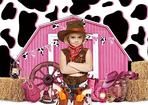 7x5ft Cowgirl Backdrop Cow Print Backdrops Pink Barn Background Straw Barn Door Wood Background Western Country Farm Women Birthday Party Photo Booth Prop - size: 210x150cm(WxL)