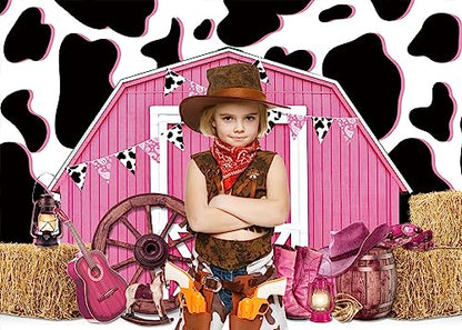 7x5ft Cowgirl Backdrop Cow Print Backdrops Pink Barn Background Straw Barn Door Wood Background Western Country Farm Women Birthday Party Photo Booth Prop - size: 210x150cm(WxL)