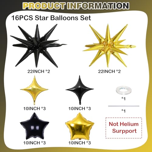 Black and Gold Star Balloons, 22in Large Star Balloons Foil 10in 4-Pointed & Pentagram Balloon for Graduation Retirement New Year Birthday Party Decorations - color: Black Gold