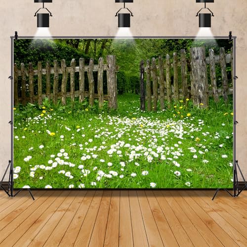 AOFOTO 5x3ft Spring Garden Daisy Flower Backdrop Rustic Wood Fence Summer Meadow Photography Background Forest Wonderland Grass Florets Country Hiking Suburbs Picnic Girl Boy Scouts Photo Studio Props - size: 5x3ft