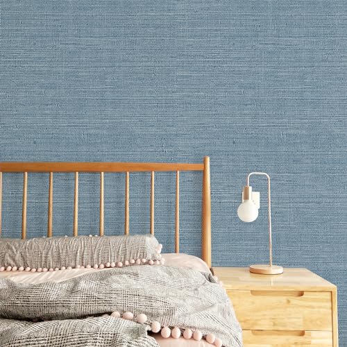 JiffDiff Grasscloth Wallpaper Peel and Stick 1181" x 17.3" Blue Cream Grassweave Stick on Wallpaper Textured Self Adhesive Wall Paper Contact Paper - color: Dark Blue, size: 17.3" x 1181"