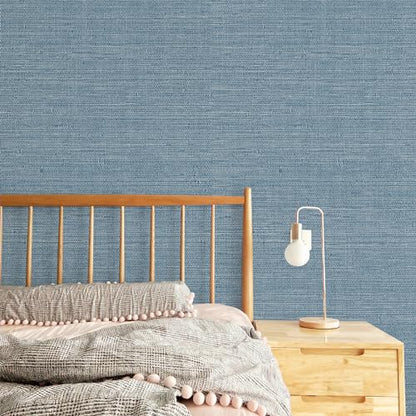 JiffDiff Grasscloth Wallpaper Peel and Stick Blue Grassweave Stick on Wallpaper Textured Self Adhesive Wall Paper Contact Paper 787" x 17.3" - color: Dark Blue, size: 17.3" x 787"