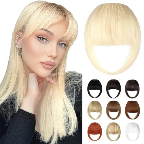 Bangs Hair Clip in Bangs, French Bleach Blonde Fake Bangs Hair Clip on Bangs for Women Fringe with Temples Hairpieces Faux Bangs for Daily Wear - color: Bleach Blonde
