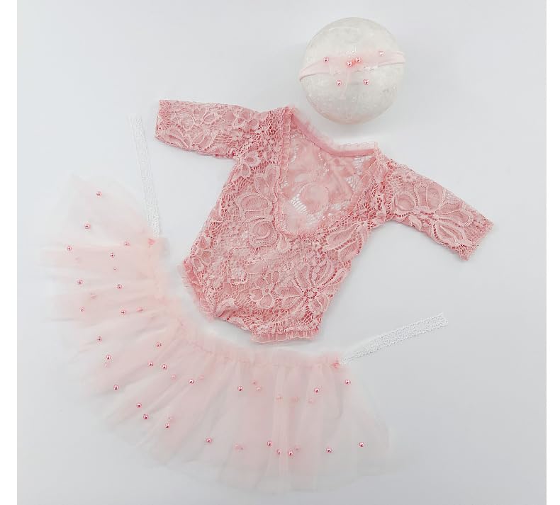 Newborn Lace Romper, 2 PCS Baby Girl Photography Props, Newborn Girl Photography Outfits with Flower Headband for Infants - color: Pink Long Sleeve