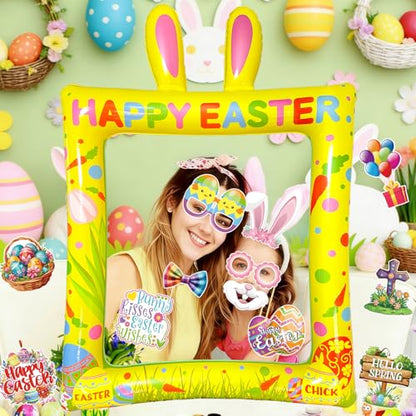 Happy Easter Inflatable Photo Frame & Props Set, 30Pcs Easter Photo Props with Giant Inflatable Picture Frame for Easterday Party Selfie Supplies - color: Easter