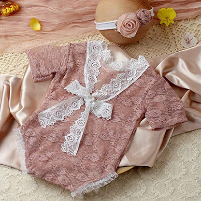 Baby Photography Props Outfit Lace Rompers Newborn Girl Photo Shoot Outfits Flower Headband Princess Costume - color: Lotus Color