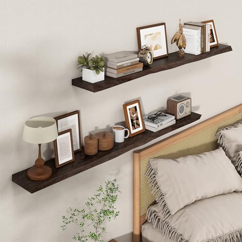 Axeman 55 inch Floating Shelves for Wall - 8'' D Live Edge Rustic Solid Elm Wood Floating Shelves Wall Mounted, Hanging Shelves with Invisible Bracket for Living Room Bedroom Kitchen, Walnut - color: Walnut With Live Edge, size: 55 Inches - 1p