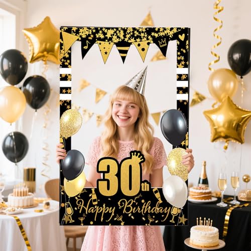 30 Years Old Birthday Photo Frame Black Gold 30th Birthday's Theme DIY Funny Handheld Paper Photo-Props Background Photography for Birthday Party Decoration Supplies - color: 30th Birthday Party Photobooth Props