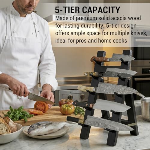 MyGift 5-Tier Premium Acacia Black Wood Knife Holder – Foldable A-Frame Countertop Cutlery Stand for Chef Knives, Kitchen Knife Storage and Drying Rack
