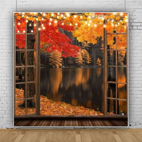 10x10ft Fall Window Backdrop for Photoshoot Autumn Forest Lake Natural Landscape Background Outside The Window Fall Photography Backdrops for Party Decorations Wall Decor Photo Studio Booth Props - size: 10x10ft