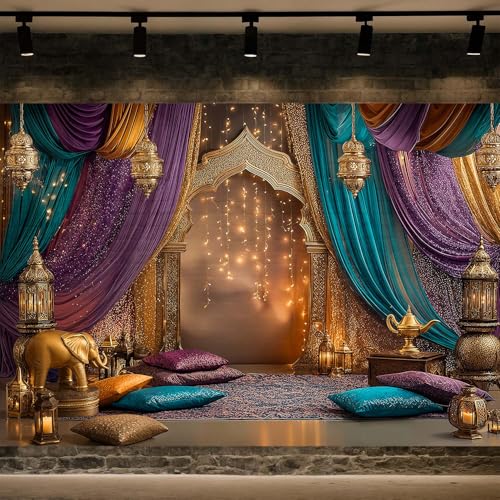 5X3ft Arabian Moroccan Nights Party Photography Backdrop, Moroccan Nights Purple Blue Curtain Lamp Luxurious Princess Wedding Birthday Baby Shower Party Background Decorations Photo Studio Props - color: Purple1, size: 5 x 3 ft
