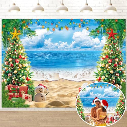 July Christmas Backdrop for Photography 7x5FT Summer Beach Christmas Tree Decorations Background Tropical Hawaiian Xmas Party Supplies Photo Props - size: 7x5FT