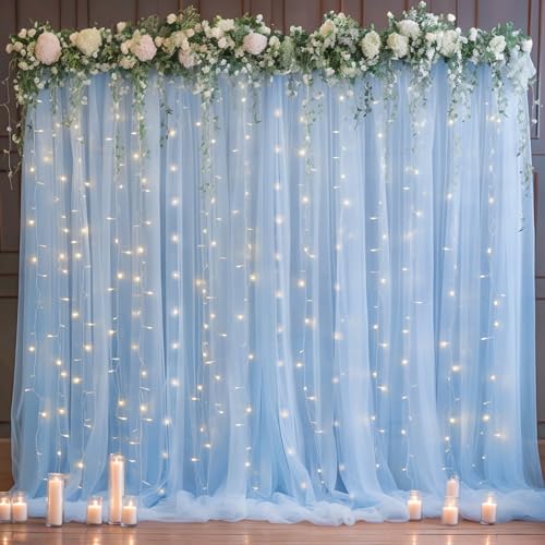 10x10ft Baby Blue Tulle Backdrop Curtain with Lights String for Parites, Sheer Photo Backdrop Curtain Drapes for Wedding Baby Shower Bridal Shower Birthday Party Photo Shoot Decorations - color: Baby Blue, size: 10ft x 10ft(2 Panels 5*10ft)